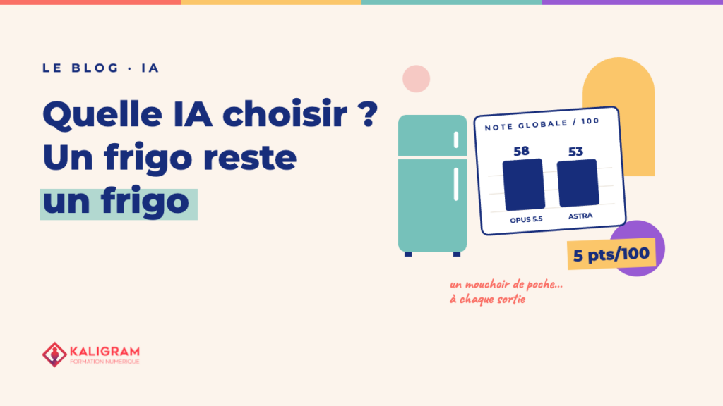 Bannière : Quelle IA choisir ? Un frigo reste un frigo. Opus 5.5 à 58 sur 100, Astra à 53 sur 100